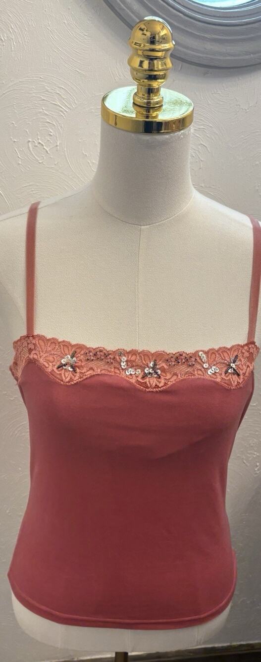 Vintage Moda International Pink Velvet Lace Sequin Cami Tank Top Fairy Small Y2K